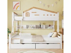 ModernLuxe Litera de madera 90x200cm + 140x200cm - con escalera y 2 cajones - y Natural
