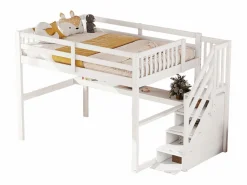 Litera de 90x200 cm + 140x200 cm con barandilla, cajones y escritorio bajo la cama, diseño moderno, pino, (255x237,5x150 cm)