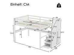 Litera de 90x200 cm + 140x200 cm con barandilla, cajones y escritorio bajo la cama, diseño moderno, pino, (255x237,5x150 cm)