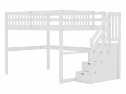 Litera de 90x200 cm + 140x200 cm con barandilla, cajones y escritorio bajo la cama, diseño moderno, pino, (255x237,5x150 cm)
