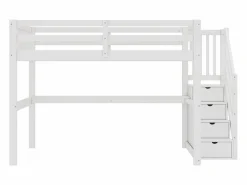 Litera de 90x200 cm + 140x200 cm con barandilla, cajones y escritorio bajo la cama, diseño moderno, pino, (255x237,5x150 cm)