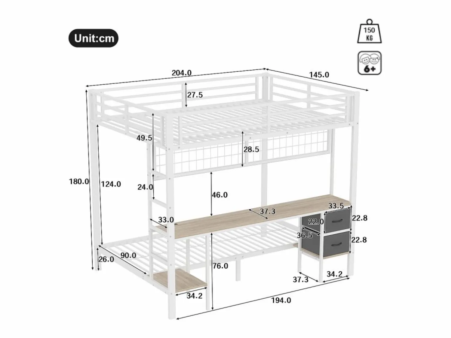 Clearance Hauss Spole Litera de 90x200 cm y 140x200 cm con 2 cajones, escritorio, LED y puertos USB, blanca Blanco