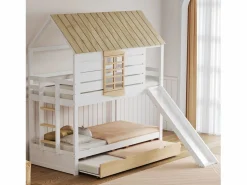 Merax Litera en forma de casa - 2 x 90 x 200 cm - con tobogán + cama nido 90 x 190 cm - MDF + madera - y natural