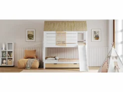 Merax Litera en forma de casa - 2 x 90 x 200 cm - con tobogán + cama nido 90 x 190 cm - MDF + madera - y natural