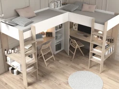 Outlet Vente-unique Litera en forma de L 2 x 90 x 200 cm con almacenamiento y escritorios blanco y natural - LASCANO Color natural claro / Blanco
