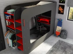 Vente-unique Litera gamer 90 x 200 cm con escritorio LEDs Antracita y rojo con colchón WARRIOR