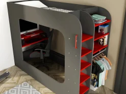 Vente-unique Litera gamer 90 x 200 cm con escritorio LEDs Antracita y rojo con colchón WARRIOR