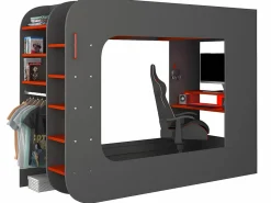 Vente-unique Litera gamer 90 x 200 cm con escritorio LEDs Antracita y rojo con colchón WARRIOR