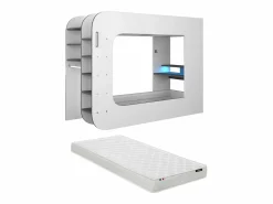 Best Vente-unique Litera gamer 90 x 200 cm con escritorio LEDs Antracita y rojo + colchón - WARRIOR Gris antracita / Blanco