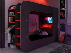 Vente-unique Litera gamer 90 x 200 cm escritorio y compartimentos LEDs Antracita y rojo WARRIOR