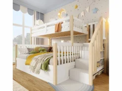Hot Merax Litera infantil - 90 x 200 cm + 140 x 200 cm - con almacenaje hidráulico y escalera de almacenaje - madera - blanco + natural Color natural claro