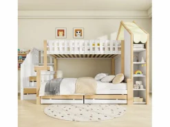 Hot Litera infantil - 90 x 200 cm + 140 x 200 cm - con escalera de almacenaje + 2 cajones - madera - blanco + natural Cama Litera