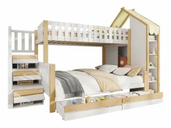 Hot Litera infantil - 90 x 200 cm + 140 x 200 cm - con escalera de almacenaje + 2 cajones - madera - blanco + natural Cama Litera