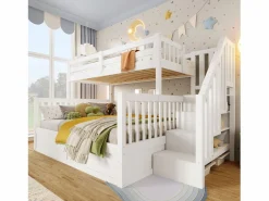 Merax Litera infantil - 90 x 200 cm + 140 x 200 cm - con almacenaje hidráulico y escalera de almacenaje - madera - Blanco