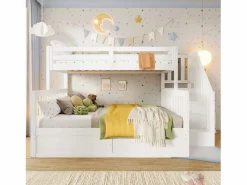 Merax Litera infantil - 90 x 200 cm + 140 x 200 cm - con almacenaje hidráulico y escalera de almacenaje - madera - Blanco