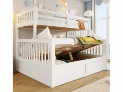 Merax Litera infantil - 90 x 200 cm + 140 x 200 cm - con almacenaje hidráulico y escalera de almacenaje - madera - Blanco