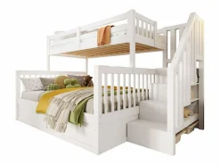 Merax Litera infantil - 90 x 200 cm + 140 x 200 cm - con almacenaje hidráulico y escalera de almacenaje - madera - Blanco