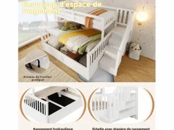 Merax Litera infantil - 90 x 200 cm + 140 x 200 cm - con almacenaje hidráulico y escalera de almacenaje - madera - Blanco