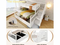 Merax Litera infantil - 90 x 200 cm + 140 x 200 cm - con almacenaje hidráulico y escalera de almacenaje - madera - Blanco