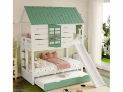 Online Merax Litera infantil - 2 x 90 x 200 cm + 90 x 190 cm - con tobogán + cama nido - MDF + pino - Verde
