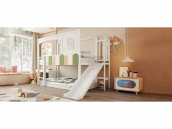 Merax Litera infantil - 2 x 90 x 200 cm - forma de casa - con ventanas + tobogán + escalera - madera -