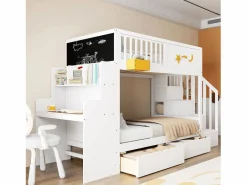 Hot Merax Litera infantil - 2 x 90 x 200 cm - con cajones + escalera de almacenaje + escritorio - pino macizo - Blanco