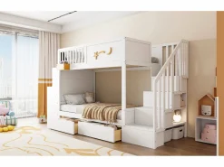 Hot Merax Litera infantil - 2 x 90 x 200 cm - con cajones + escalera de almacenaje + escritorio - pino macizo - Blanco