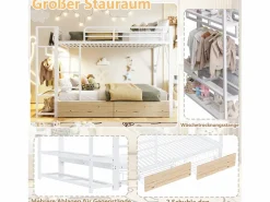 Online Merax Litera infantil - 2 x 140 x 200 cm - estructura de hierro - con 2 cajones + estantes + LED - metal - Blanco