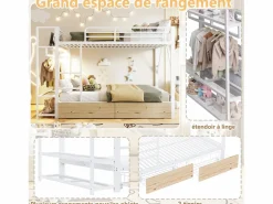 Online Merax Litera infantil - 2 x 140 x 200 cm - estructura de hierro - con 2 cajones + estantes + LED - metal - Blanco
