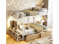 Online Merax Litera infantil - 2 x 140 x 200 cm - estructura de hierro - con 2 cajones + estantes + LED - metal - Blanco