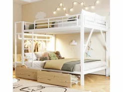 Online Merax Litera infantil - 2 x 140 x 200 cm - estructura de hierro - con 2 cajones + estantes + LED - metal - Blanco