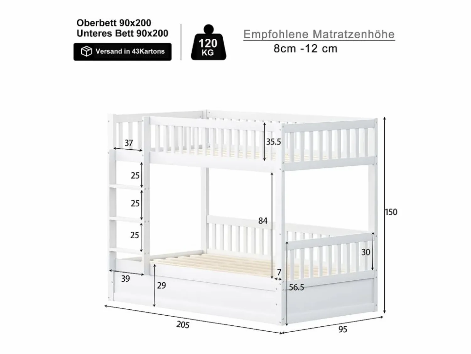 ModernLuxe Litera infantil 90×200 cm - Madera maciza - Cama con almacenamiento inferior - (colchón no incluido)