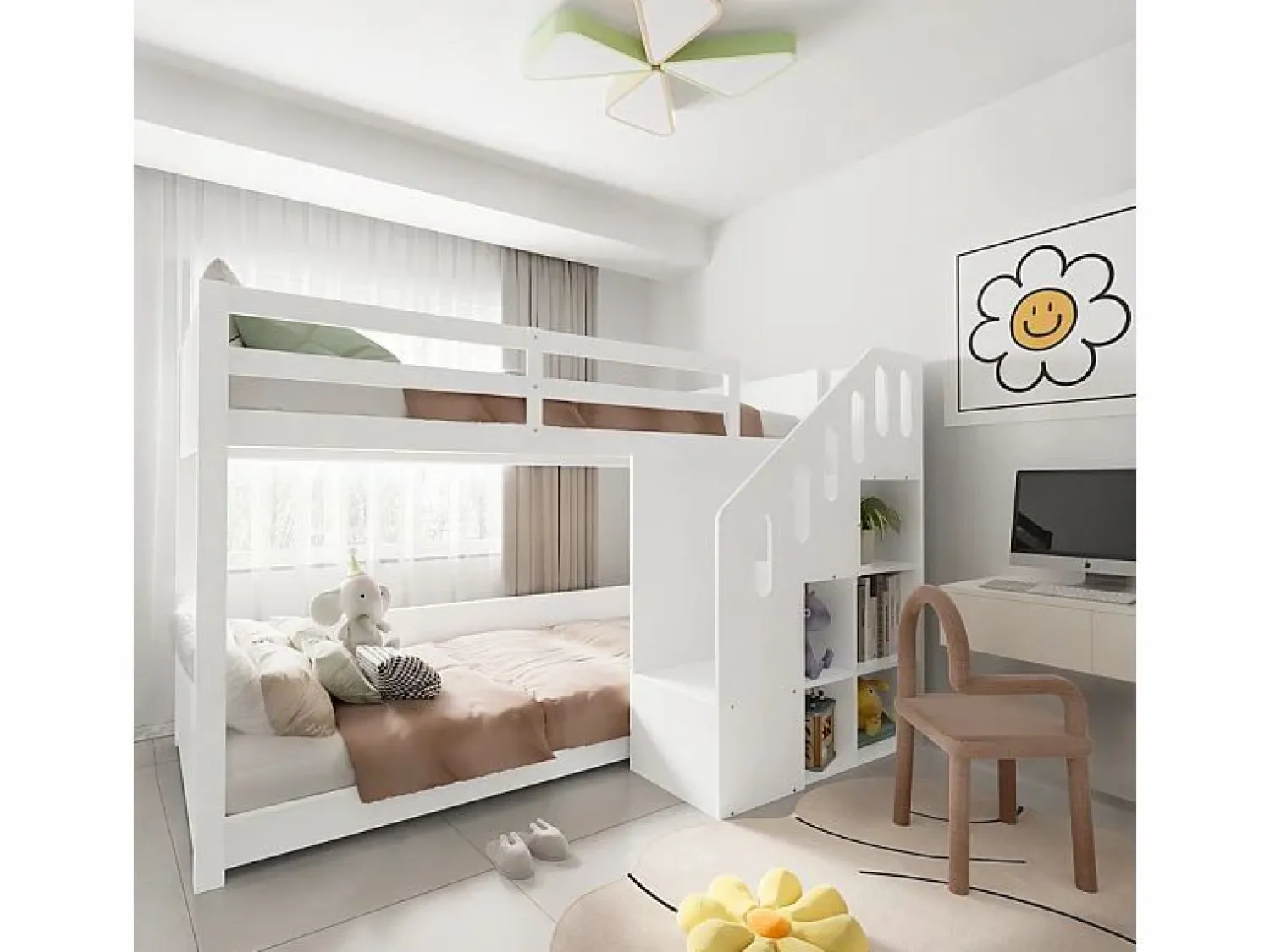 ModernLuxe Litera infantil - 2x90x200 cm - con taquilla y barandilla - (sin colchón)