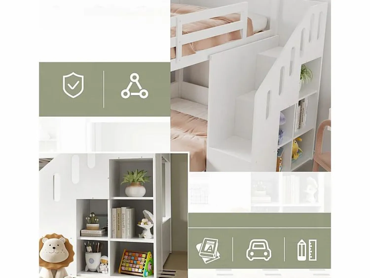 ModernLuxe Litera infantil - 2x90x200 cm - con taquilla y barandilla - (sin colchón)