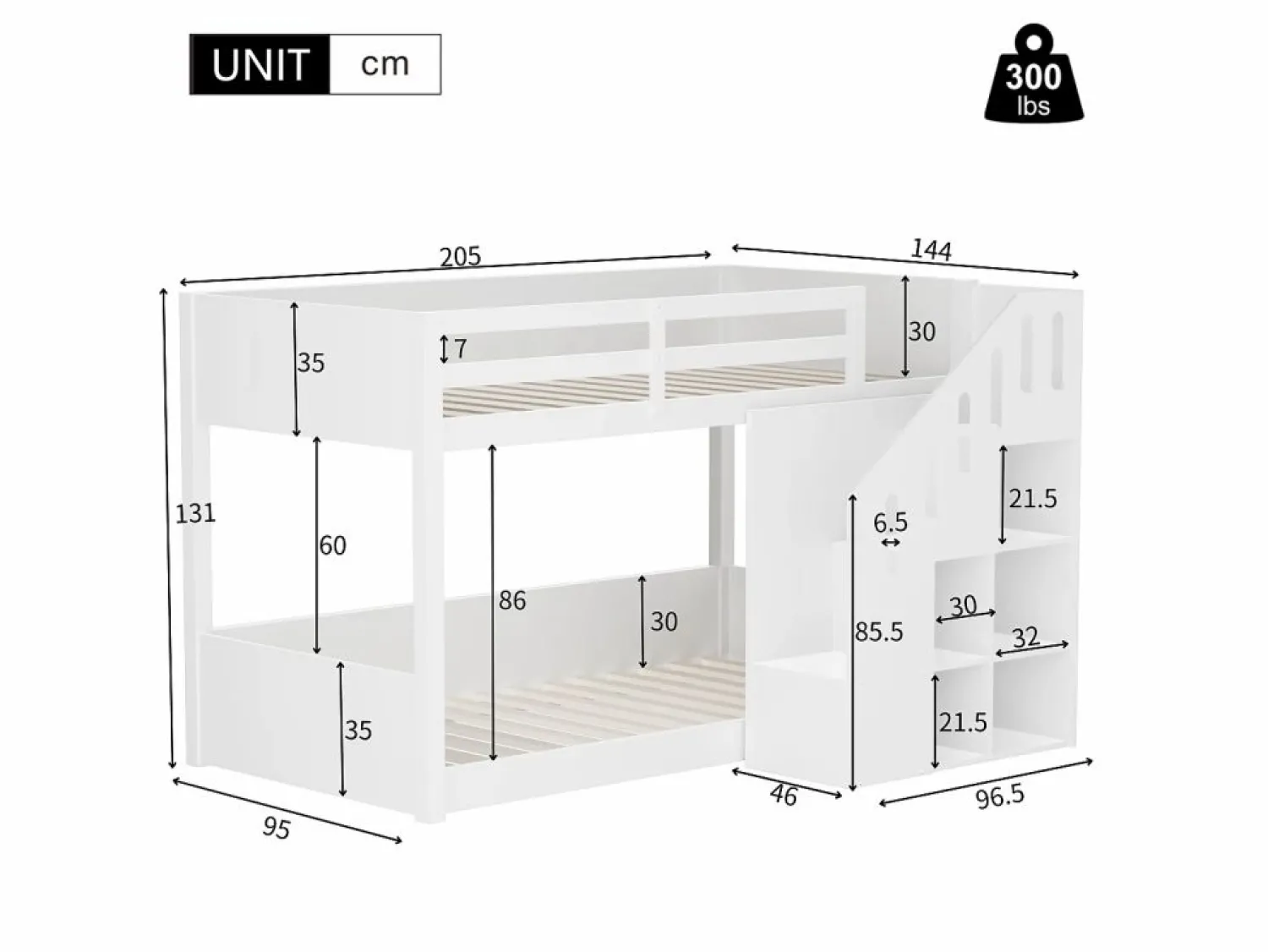 ModernLuxe Litera infantil - 2x90x200 cm - con taquilla y barandilla - (sin colchón)