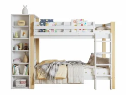 Sale Litera infantil, protección, barandilla, escalera 4 peldaños, 6 estantes, armario lateral, almacenaje, pino+PB, +natural, 90x200cm Blanco