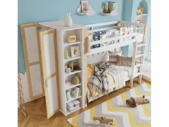 Sale Litera infantil, protección, barandilla, escalera 4 peldaños, 6 estantes, armario lateral, almacenaje, pino+PB, +natural, 90x200cm Blanco
