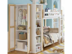 Sale Litera infantil, protección, barandilla, escalera 4 peldaños, 6 estantes, armario lateral, almacenaje, pino+PB, +natural, 90x200cm Blanco