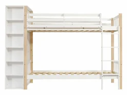 Sale Litera infantil, protección, barandilla, escalera 4 peldaños, 6 estantes, armario lateral, almacenaje, pino+PB, +natural, 90x200cm Blanco