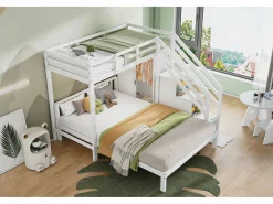 Discount ModernLuxe Litera infantil 90x200 cm + 140x200 cm - con armario y escalera almacenaje - en madera maciza y MDF - Blanco