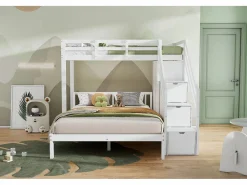 Discount ModernLuxe Litera infantil 90x200 cm + 140x200 cm - con armario y escalera almacenaje - en madera maciza y MDF - Blanco