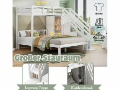 Discount ModernLuxe Litera infantil 90x200 cm + 140x200 cm - con armario y escalera almacenaje - en madera maciza y MDF - Blanco