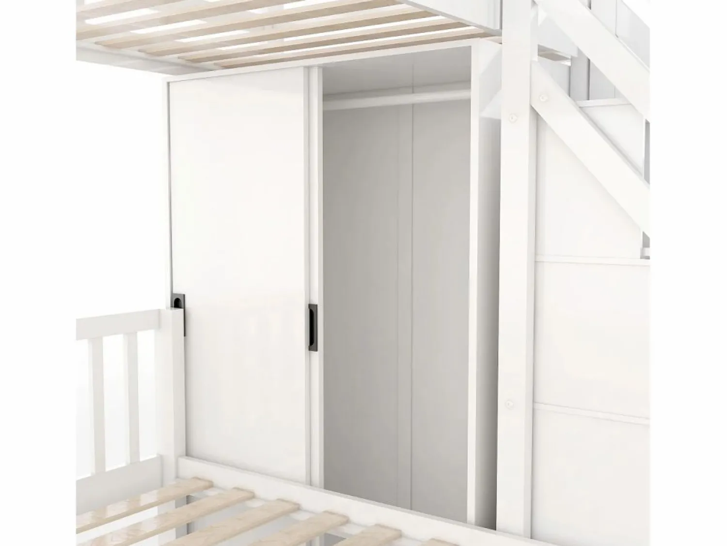 Discount ModernLuxe Litera infantil 90x200 cm + 140x200 cm - con armario y escalera almacenaje - en madera maciza y MDF - Blanco