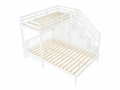 Discount ModernLuxe Litera infantil 90x200 cm + 140x200 cm - con armario y escalera almacenaje - en madera maciza y MDF - Blanco