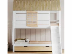 ModernLuxe Litera infantil 90x200cm - con tobogán y cama nido - blanco + natural (sin colchón)