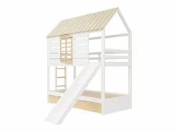 ModernLuxe Litera infantil 90x200cm - con tobogán y cama nido - blanco + natural (sin colchón)