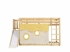 Outlet Litera infantil 90x200cm con escalera, cortinas y tobogán - Madera de pino y MDF - Color natural Cama Litera