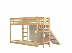 Outlet Litera infantil 90x200cm con escalera, cortinas y tobogán - Madera de pino y MDF - Color natural Cama Litera