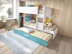 Clearance Litera nido 3 x 90 x 190 cm armario de compartimentos blanco natural y azul. ANTHONY Cama Nido|Cama Litera
