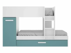 Clearance Litera nido 3 x 90 x 190 cm armario de compartimentos blanco natural y azul. ANTHONY Cama Nido|Cama Litera